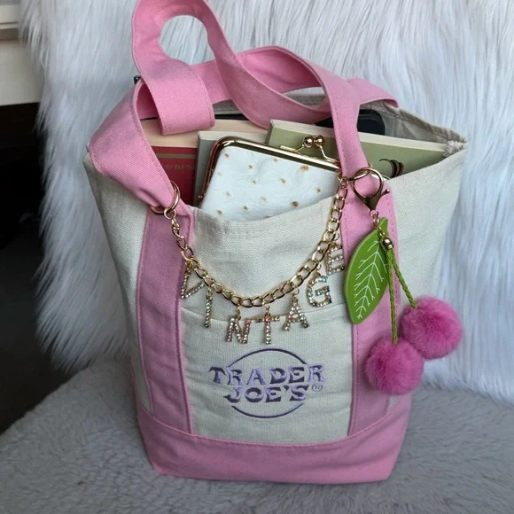 2026 Limited Edition Trader Joe’s Mini Pink Canvas Tote ‘VINTAGE’ & Cherry Charm - Picture 8 of 11